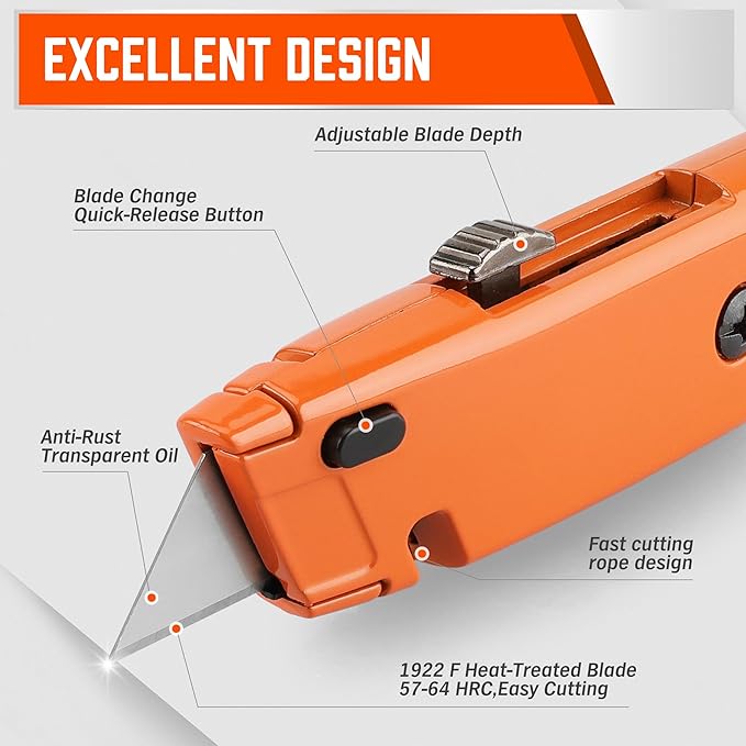 HORUSDY 2-Pack Box Cutter Utility Knife, Heavy Duty Aluminum Shell Retractable Box Cutter for Cardboard, Boxes and Cartons, Extra 10 Blades.