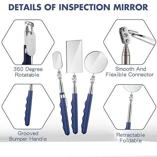 3 Pieces Telescoping Inspection Mirror Stainless Steel Extendable Mechanic Mirror with Long Handle Tool for Technicians Mechanics Contractors(50/50/25 mm,Square,Round,Oval)