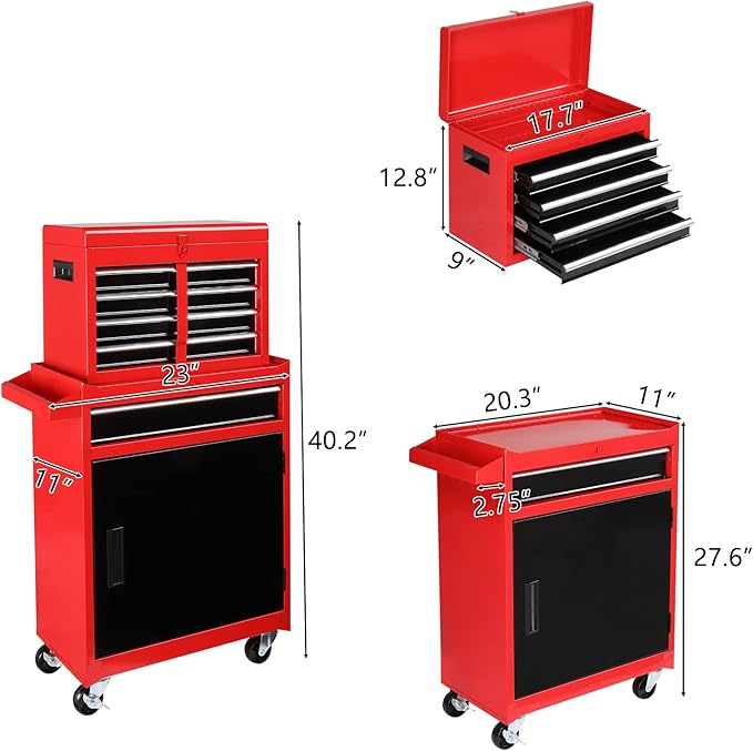 TUFFIOM 5-Drawer Rolling Tool Chest, Tool Storage Cabinet w/Drawers, Lockable Wheels, Detachable Top & Adjustable Shelf, Mechanic Tool Organizer Box for Garage, Workshop, Warehouse & Repair Shop