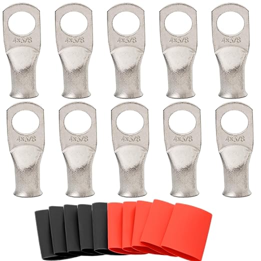 SVAAR 4 Gauge Copper lugs 10PCS 4 AWG - 3/8'' Battery Cable Lugs,Heavy Duty Battery Lugs,4 AWG Wire Lugs Battery Cable Ends/Terminal Connectors 4 Gauge Ring Terminals with 10PCS 3:1 Heat Shrink Tube