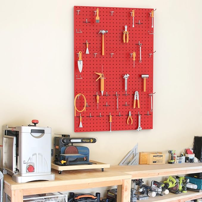 TORACK 3Pcs Metal Pegboard Panels(12x24 inch) for Wall Garage Tools Storage Pegboard System for Workbench, Modular Peg Board Tool Organizer Board Kit(Pack of 3, Red)