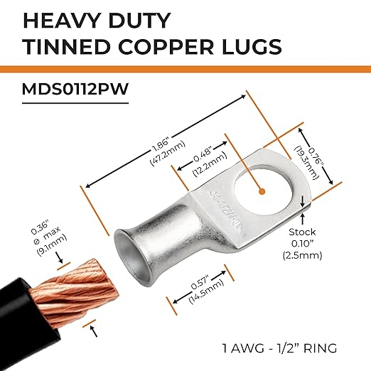 SELTERM 25pcs 1 AWG 1/2" Stud Marine Grade Tinned Copper Battery Cable Lugs, 1 Gauge Ring Terminals, UL Wire Lugs Electrical Battery Cable Ends, Tinned Copper Lugs Battery Terminal Connectors