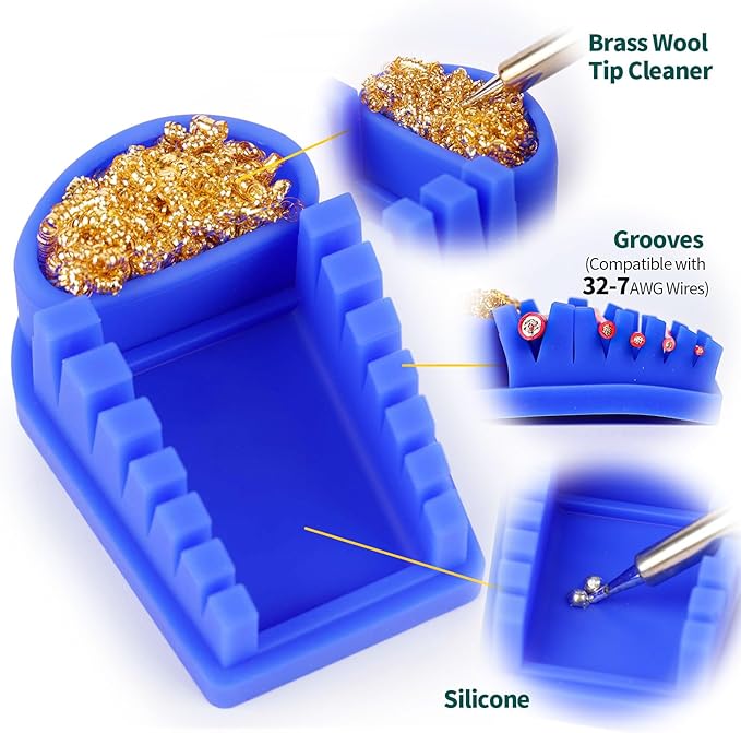 YIHUA S200 Blue Heat-Resistant Silicone Soldering Wire Holder with Brass Wool Cleaner, 6 Grooves, Storage Tray, Helping Hands Soldering Wire Welding Fixture, Compatible Diameter 32-7AWG