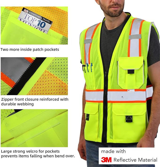 Dib Safety Vest Reflective Yellow Mesh, High Visibility Vest with Pockets and Zipper, ANSI Class 2 Heavy Duty, Made with 3M Reflective Tape M