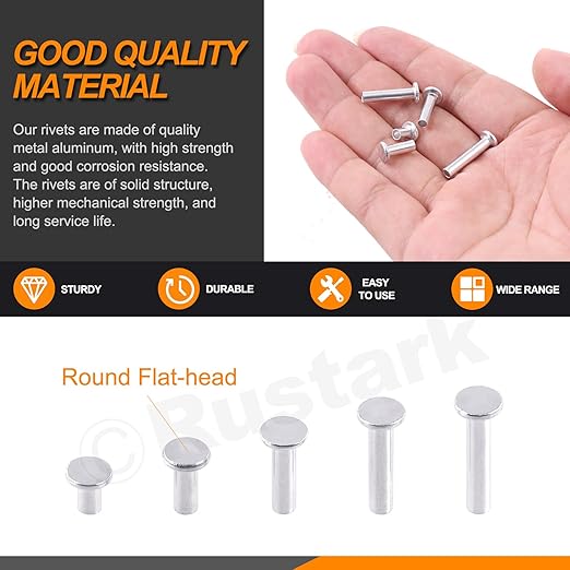 251Pcs 5 Sizes M4 Aluminum Flat Head Semi Tubular Rivets Assortment Kit with Punch, Partial Hole Tubular Rivets Round Flat Head Semi Tubular Rivet Silver Tone for Household Industry Repairing