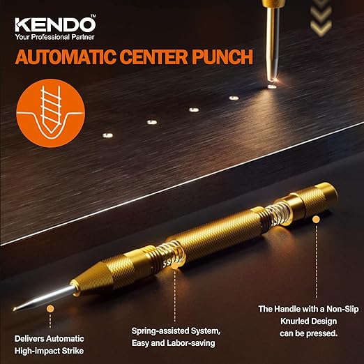 KENDO 5PCS Step Drill Bits with Automatic Center Punch - Black and Gold, High Speed Steel Unibit Step Drill Bit Set, Total 50 Sizes HSS Titanium Step Bits for Metal, DIY Lovers with Aluminum Case
