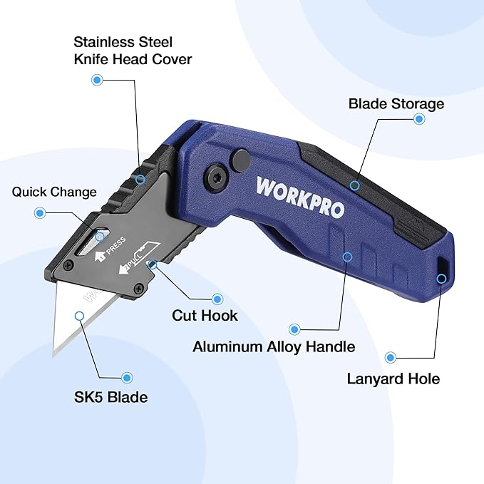 WORKPRO Folding Utility Knife, Quick Change Box Cutter, Razor Knife for Cartons, Cardboard, Boxes, Blade Storage in Aluminum Handle, 13 Extra Blades Included (Blue)