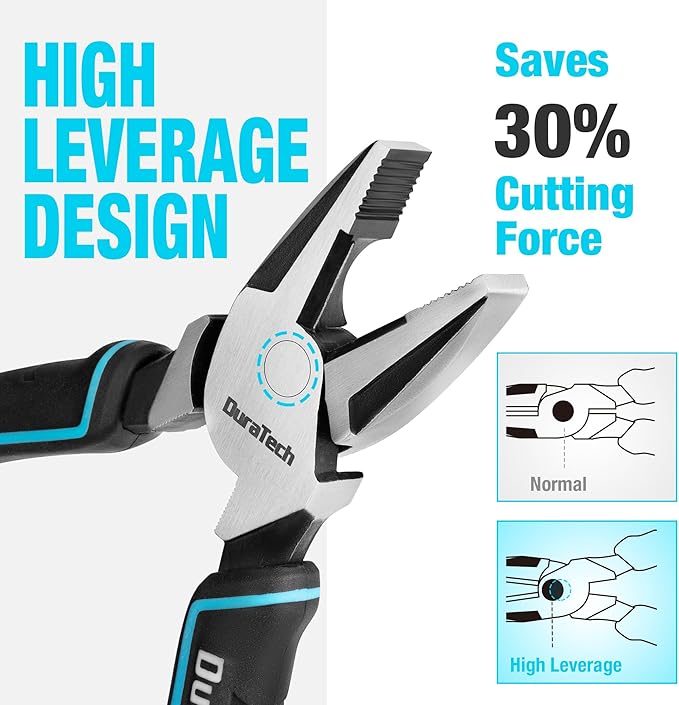 DURATECH 8" High Leverage Linemans Pliers, Cr-Ni Side Cutters, Linesman Pliers for Wire Cutting, Crimping