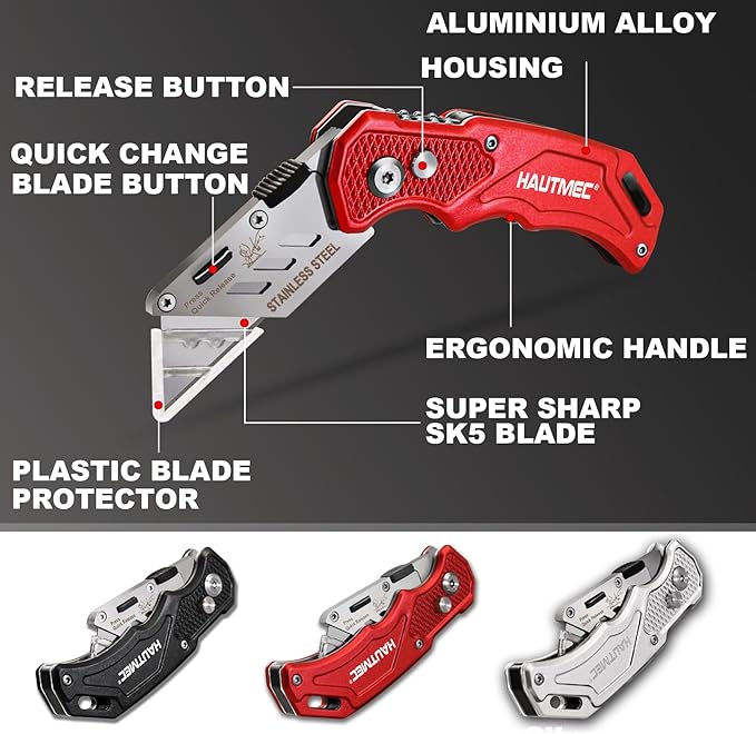 HAUTMEC 3-Pack Folding Utility Knife, Heavy-Duty Aluminum Box Cutter with Quick-Change Blades & Lock-Back Safety Design, Ergonomic Streamlined Grip Includes 15 Extra SK5 Blades, HT0429