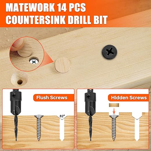 Countersink Drill Bit Set, 15PCS M2 Cobalt HSS Woodworking Tool Set, Adjustable Depth Tapered Drill Bit Set with 4 Wood Plug Cutters & 1/4" Hex Shank, Counter Sink Drill Bit for Wood with Storage Box