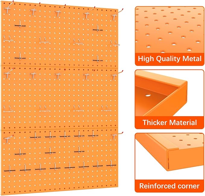 TORACK 3Pcs Metal Pegboard Panels(12x24 inch) for Wall Garage Tools Storage Pegboard for Workbench, Modular Peg Board Tool Organizer Board Kit(Pack of 3, Orange)