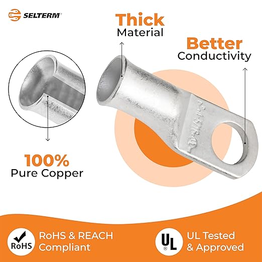 SELTERM 2pcs 4 AWG 5/16" Stud Tinned Copper Wire Lugs, Battery Lugs, Ring Terminals, Battery Cable Ends, 4 Guage Ring Terminal Connectors, UL Marine Grade Electrical Battery Terminal Connectors
