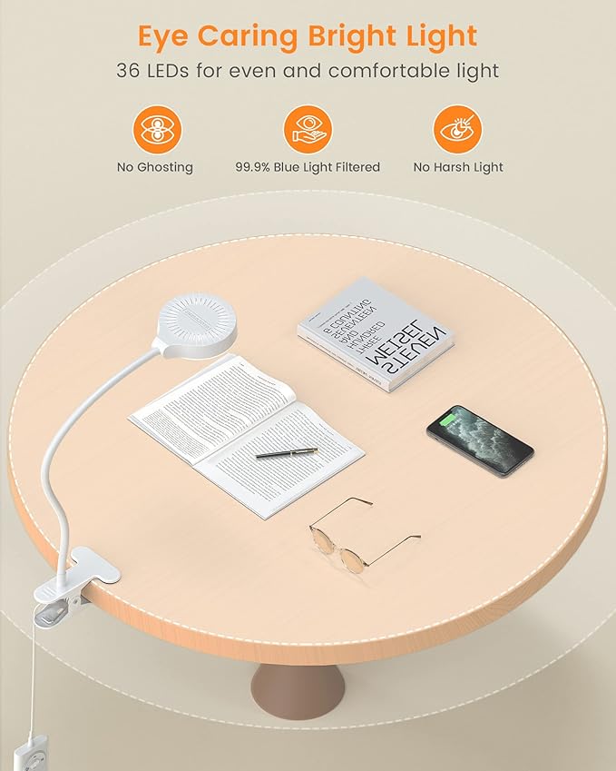 Glocusent 5W Clip on Light, 36 LED Eye Caring Reading Light for Bed, 3 Colors & 5 Brightness Clip on Lamp with Adapter, Perfect Reading Light for Bed Lamp/Bunk Bed Light