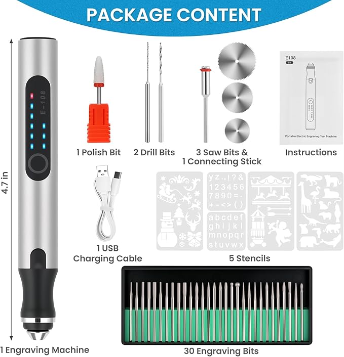 Electric Engraving Pen with 37 Bits, USB Rechargeable Cordless Etching Engraving Tool, Portable DIY Rotary Engraver for Jewelry Wood Glass Stone Carving (Silver)
