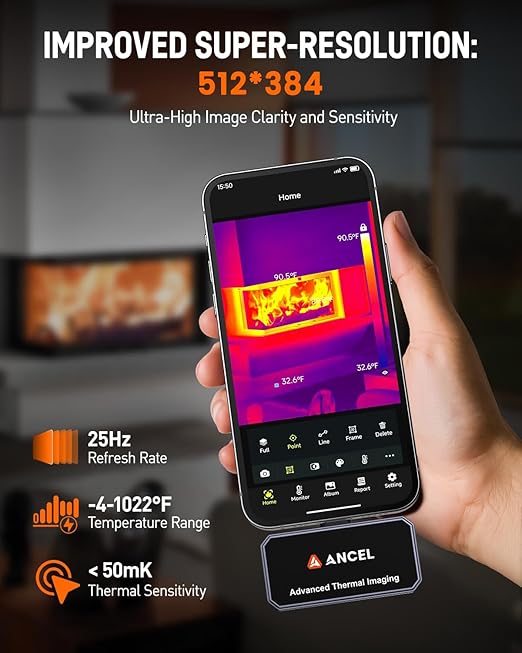 ANCEL IR101 Thermal Imaging Camera, 512x384 IR Resolution Thermal Camera for iPhone iPad (iOS), 25Hz Refresh Rate Thermal Imager with Lightning Port for Home/Pets/HVAC/Engine/Industrial Inspection