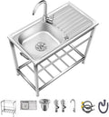 Outdoor Utility Sink,Free Standing Stainless Steel Laundry Tub, Single Bowl Portable Washing Hand Basin Station,fish Cleaning Table&Storage Shelves for Garage, Restaurant, Kitchen,Camping, Backyard