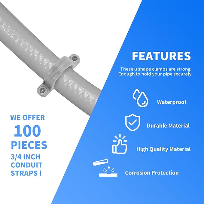 100 Pcs PVC Pipe Straps 1 Inch, Plastic Conduit Clamp Pipe, 2 Holes Heavy Duty U Clamps for 1 Inch PVC Pipe Conduit Cables Hose