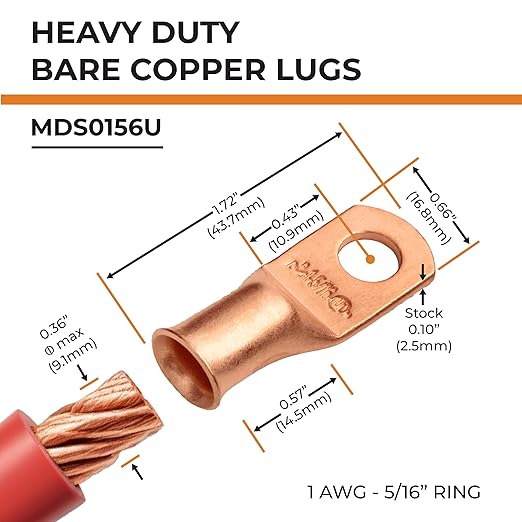 SELTERM 2pcs 1 AWG 5/16" Stud Copper Wire Lugs, Battery Lugs, Ring Terminals, Battery Cable Ends, 1 Gauge Ring Terminal Connectors, UL Heavy Duty Bare Copper Eyelets Battery Terminal Connectors
