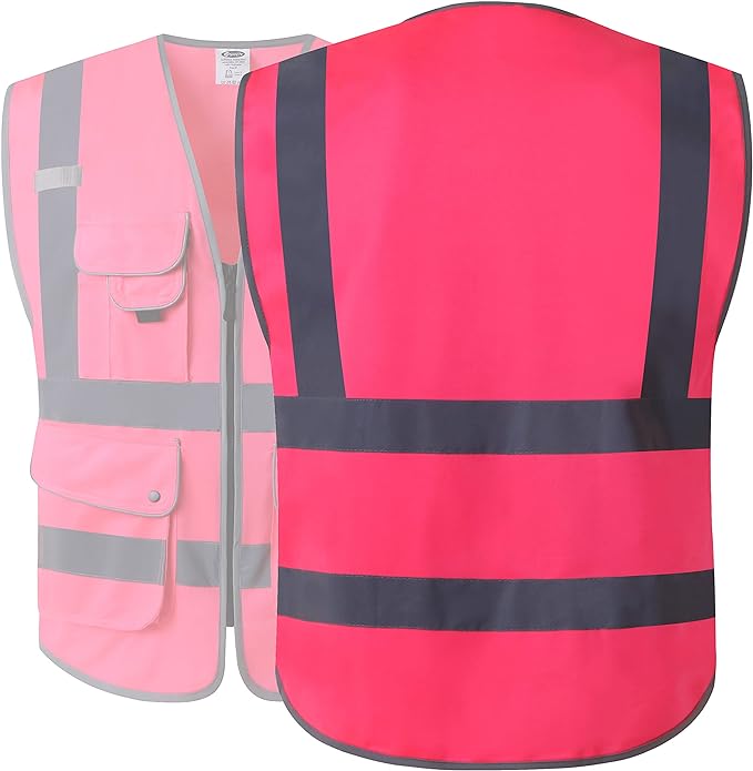 JKSafety 9 Pockets Class 2 High Visibility Zipper Front Safety Vest With Reflective Strips, Meets ANSI/ISEA Standards (XX-Large, 150-Pink)