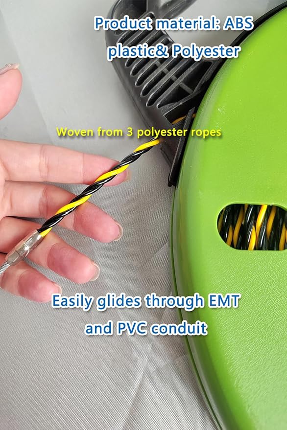 Fish tape wire puller 1/6-Inch x 165-Foot electrical fish tape 165ft PET Diameter 3 Wires Twisted with Guide Spring Optimized Housing and Handle fish tape 【4.5mm*50m】