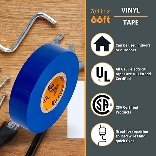 GTSE Blue Electrical Tape, 1 Roll – Waterproof, Industrial Grade Vinyl, 3/4 in x 66ft– Strong Self-Adhesive PVC Electric Tape for Wire Insulation, 7 Mil, 600V – UL/CSA Listed