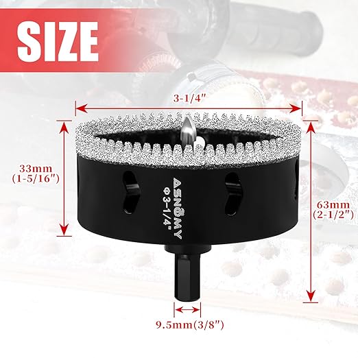 3-1/4 Inch Diamond Hole Saw with Pilot Drill Bit, 3-1/4" Serrated Brazing Tile Hole Saw Diamond Core Drill Bits with Guiding Bit for Ceramic Porcelain Tile Glass Stone Granite Marble