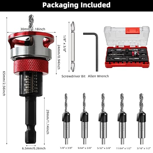 7-Piece Countersink Drill Bit Set with Aluminum Alloy Stop Collar, a Screwdriver Bit, 5 HSS M2 Tapered Bits and a Wrench, 1/4" Hex Shank Countersink Drill Bit for Woodworking