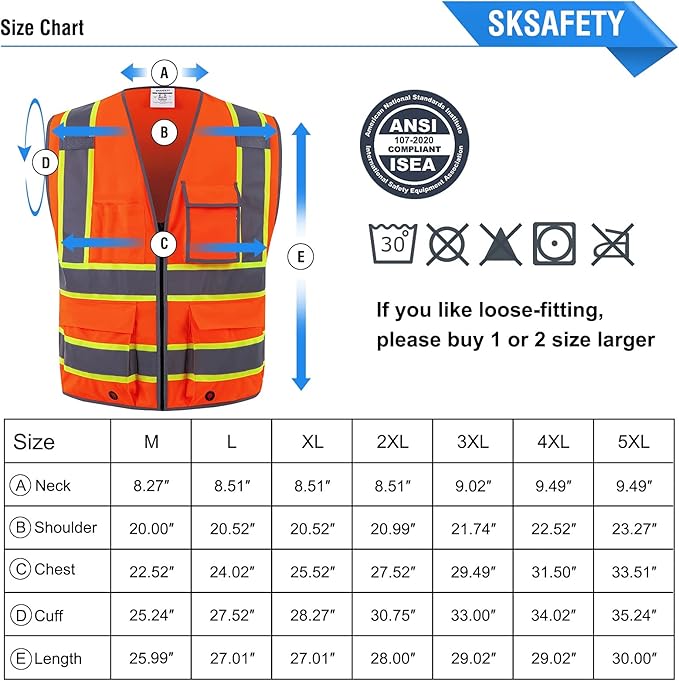 SKSAFETY 10 Pockets Safety Vest, Class 2 High Visibility Security with Zipper, Hi Vis Vest with Reflective Strips, ANSI/ISEA Standard, Construction Work Vest for Men ＆ Women （Orange, 3XL）