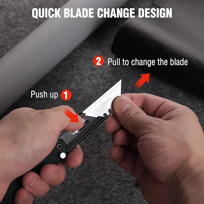 WORKPRO 3-Pack Folding Utility Knife, Compact EDC Box Cutter with G10 Handle, Axis Lock & Belt Clip, Quick Change Blade Razor Knife for Cardboard, Plastic, Cartons, Leather & Rope