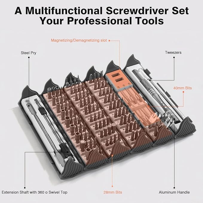 Precision Screwdriver Set 128 in 1 Professional Multi-Tool with S2 Magnetic Screwdriver Bits Roll-up Cylinder Organizer Portable Repair Tool Kit for Computer Phone Watch Electronics Maintenance