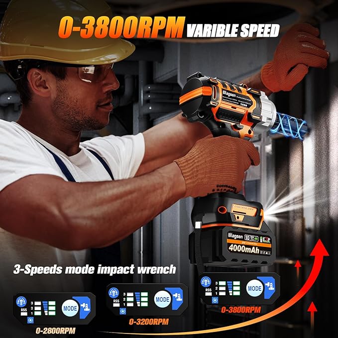 1/2 inch Cordless Impact Wrench, High Torque 900Ft-lbs (1200N.m) Brushless Impact Gun,3800RPM,2x4000mAh Battery, 6 Sockets,LED Light,Electric Impact Motor Variable Speeds for Car/Mower/Pickup
