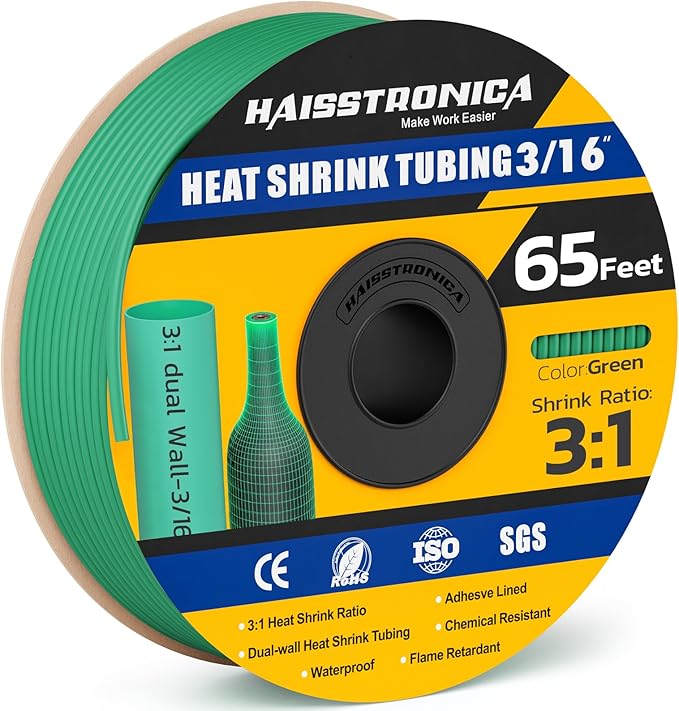 haisstronica 3:1 Heat Shrink Tubing, Shrink Ratio Adhesive Lined Marine Grade Heat Shrink Tube for Home, Automotive and Industrial (Green) 65FT 3/16inch