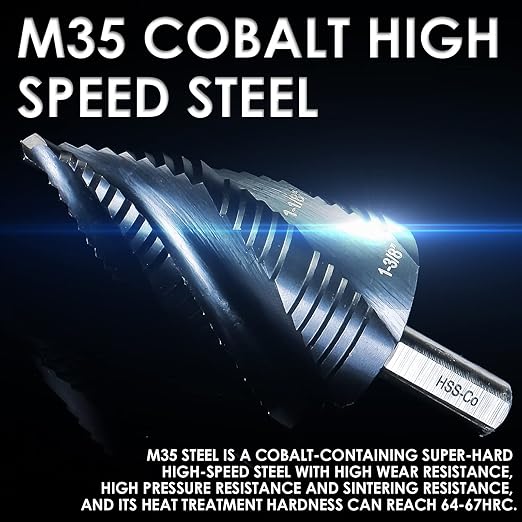 M35 Cobalt Step Drill Bit, Four Spiral Flute Unibit Step Drill Bit (3/16"-1-3/8") Wear-Resistant TiAlN Coated, 3/8" Shank for Metal, Carbon Steel, Stainless Steel, Wood, Plastic (19 Size)