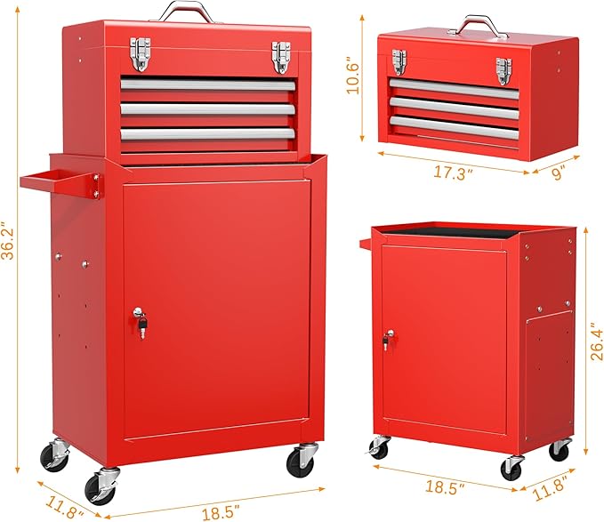 INTERGREAT Tool Chest Cabinet, 3-Drawer Rolling Tool Chest with Detachable Top Tool Box, Tool Storage Cabinet with Universal Lockable Wheels, Metal Tool Cart for Garage, Workshop, Barbershop(Red)