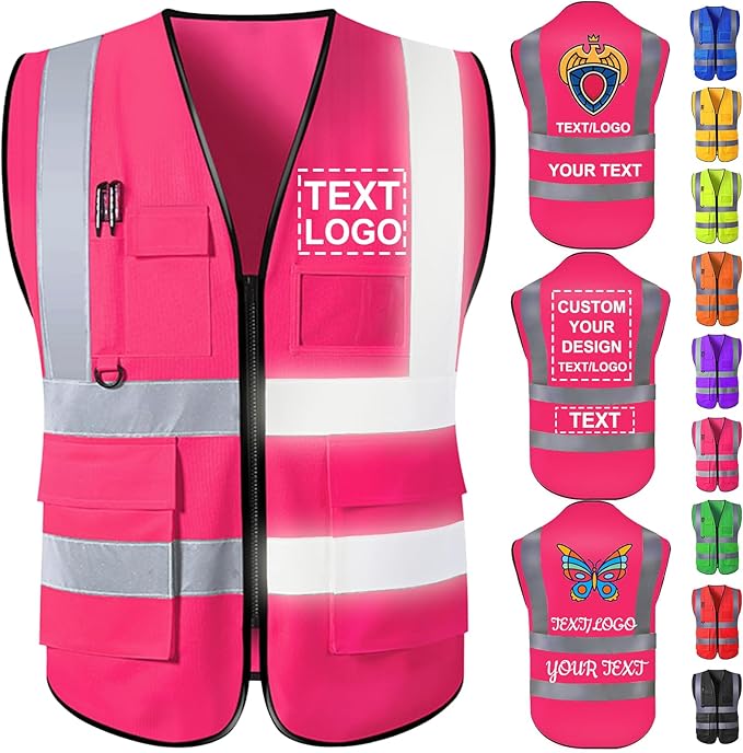 Custom Safety Vest with Logo for Men Women Personalized Class 2 High Visibility Reflective Vests with Pockets Zipper(S-5XL)
