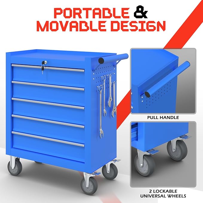 5-Drawer Rolling Tool Chest With Wheels and Locking System - Portable Metal Box for Warehouse, Garage, Repair Shop, Workshop (Blue)
