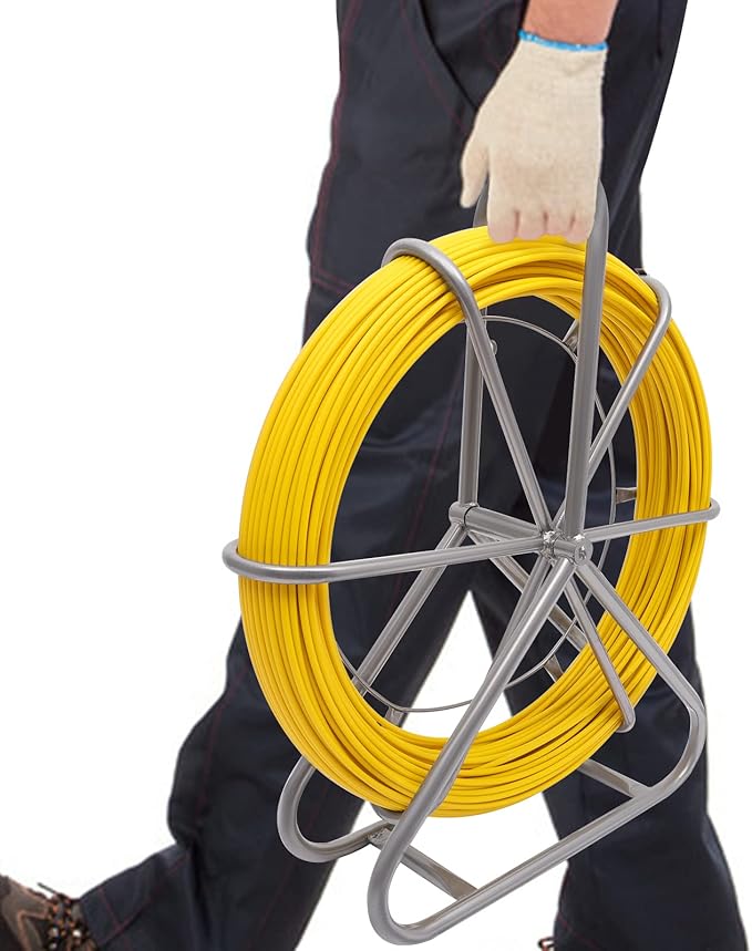 Fish Tape Fiberglass 6MM 425FT Fishing Wire Duct Rodder Cable Puller Running Electrical Fishtape Rod with Steel Wheel Stand Reel through Wall Pipe