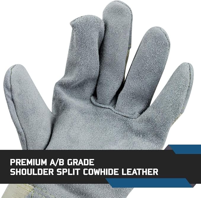 Glove Station Cowhide Split Leather Palm Work Gloves with Rubberized Safety Cuff
