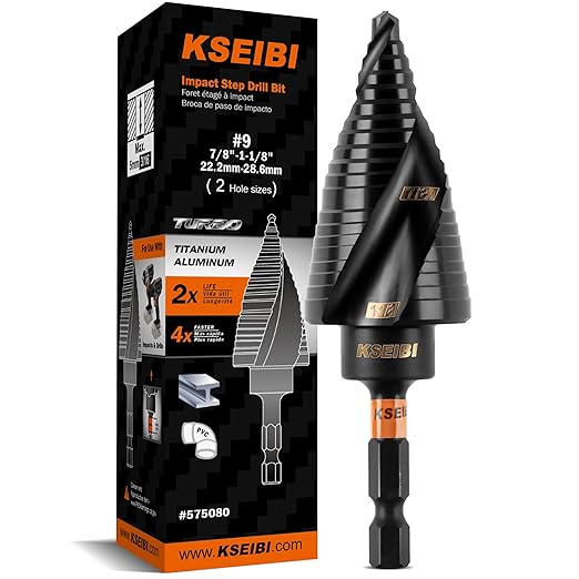 KSEIBI 2 Steps 7/8 & 1-1/8 inch SAE Standard Industrial Grade Step Drill Bit Ready Impact 1/4 inch Shank, 575080 High-Speed Steel Metal Drill Bits Black Oxide M2 Material