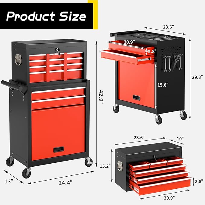 On Shine 8 Drawer Rolling Tool Chest, Large Capacity Rolling Tool Box with Wheels, Locking Mechanical Tool Chest, Portable Tool Box with Sliding Drawers,Metal Tool Box for Garage Workshop (BlackRed)