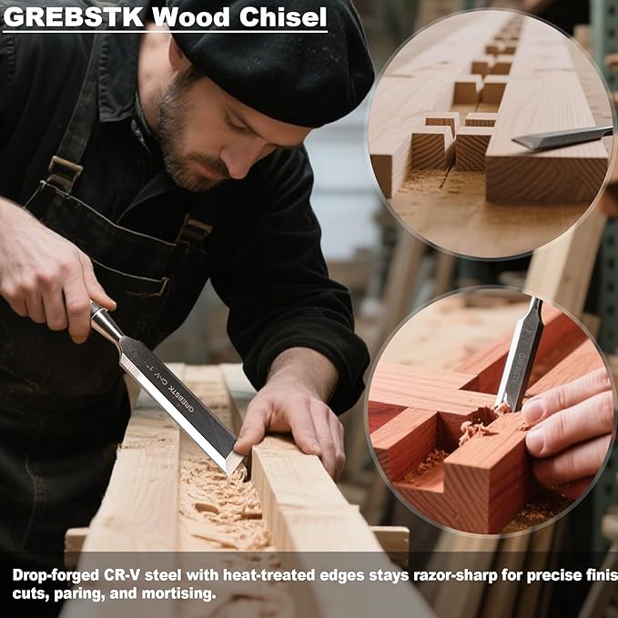 GREBSTK 4 Pcs Wood Chisel Set, CRV Steel Bevel Sharp Edge Bench Chisels with Safety Caps, Comfortable Oversized Solid Wood Handle, for Woodworking and DIY Projects, 11"x(1/4", 1/2", 3/4", 1")