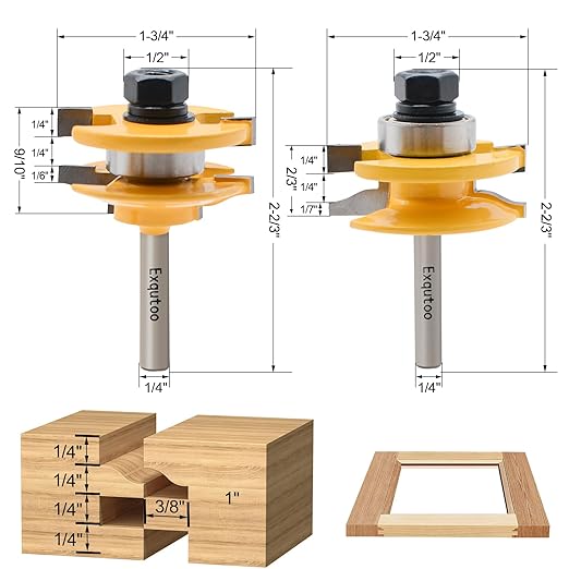 3PCS 1/4" Shank Router Bit Set, Raised Panel Cabinet Door Making Router Bits, Cemented Carbide Router Bits, Woodworking Tools Router Door & Window Bits (Tenon Joint Cutter Diameter: 1-3/4")