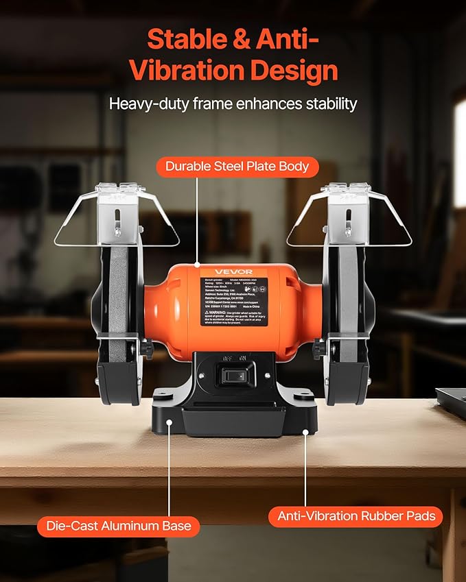 VEVOR Bench Grinder, 8-inch Single Speed Bench Grinder, 3450RPM High-Speed Table Grinders with 350W 3.0A Induction Motor, 36/60-Grit Grinding Wheel & Adjustable Eye Shield for Fast Sharpening Grinding