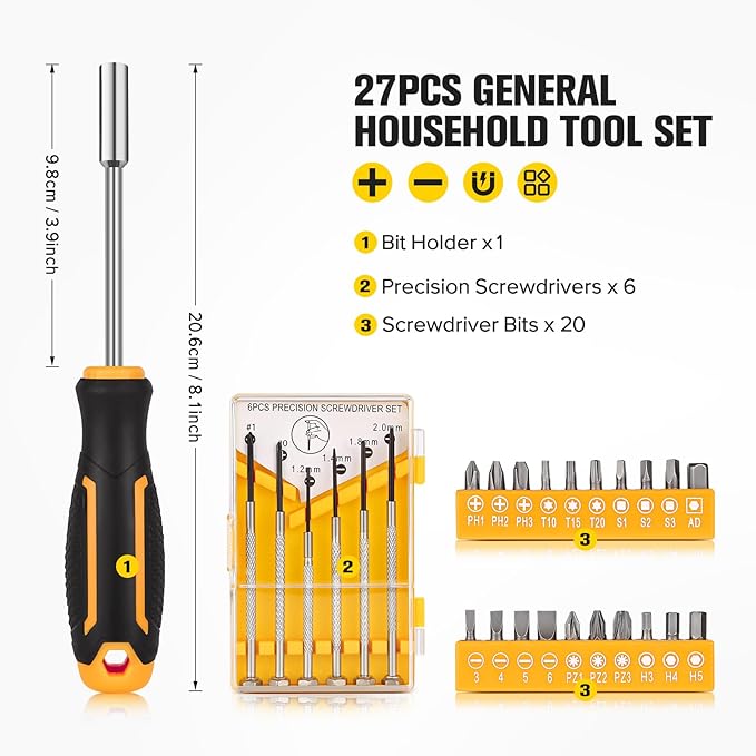 27pcs General Household Tool Set, Includes Precision Screwdrivers, Bits Suitable for Watch, Mobile Phone, Computer Maintenance