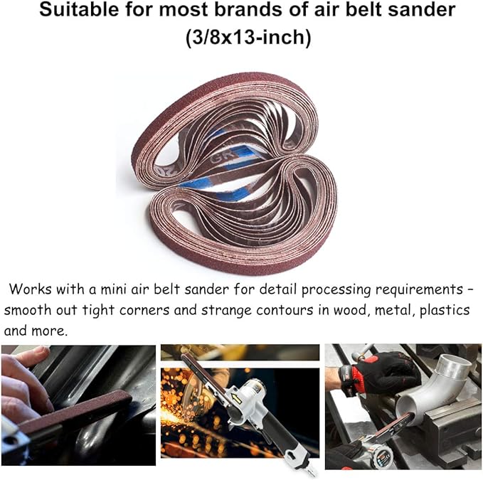 3/8 x 13 Inch Aluminum Oxide Sanding Belts, 4 Each of 40/60/80/120/180/240 Assorted Grits Abrasive File Belts for Air Belt Sander, 24-Pack