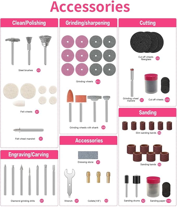 HARDELL Rotary Tool Accessories, 230pcs Power Rotary Tool Accessories Kit, 1/8"(3.2mm) Diameter Shanks, Universal Fitment for Easy Cutting, Polishing, Sanding, Carving, Grinding(Pink)
