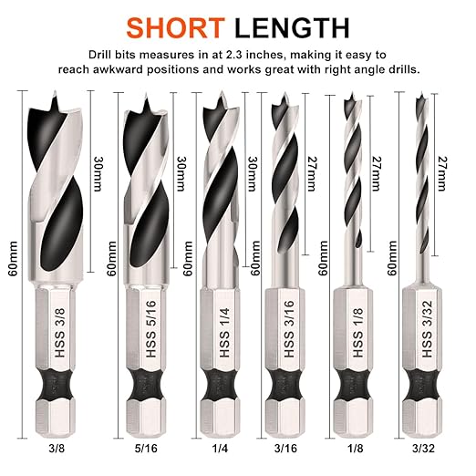 COMOWARE Brad Point Stubby Drill Bit Set for Wood, Short Length Drill Bit Set 6pcs HSS 4241 Steel with 1/4-Inch Quick Change Hex Shank