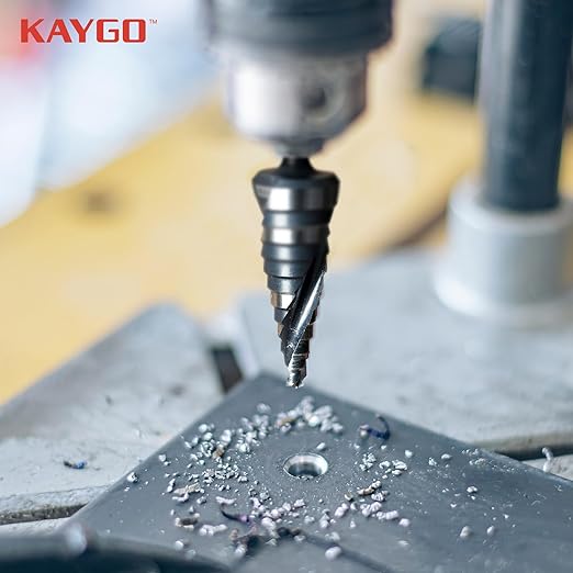 KAYGO M35 Step Drill Bit for Metal, 3/16 to 7/8 inch Step Drill Bits for Stainless Steel Aluminum Wood Plastic,1/4 -inch Hex Shank,Spriral Drouble-Fluted