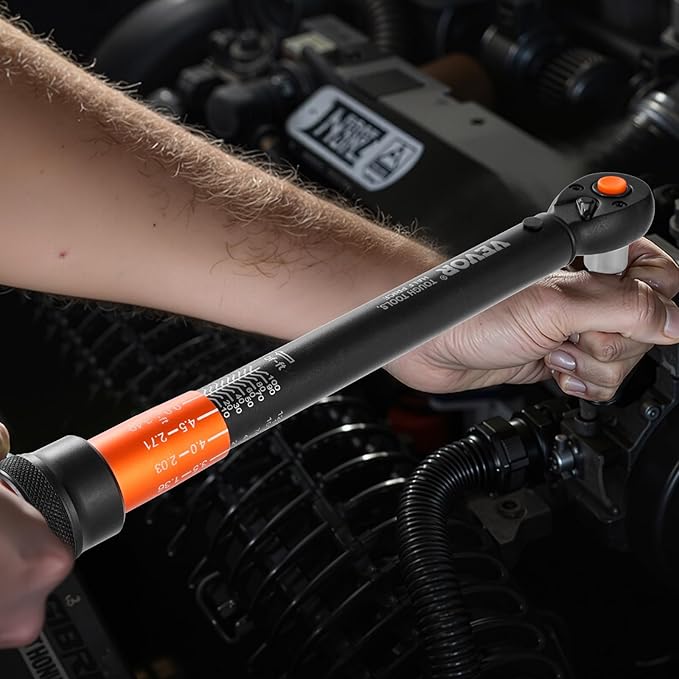 VEVOR 3/8 Inch Drive Torque Wrench, 10-100 ft.lb/13.6-135.6 Nm, Dual-Direction Adjustable Click Torque Wrench with 1/2 & 1/4 adapter, 3" Extension Bar, for Automobile Repair