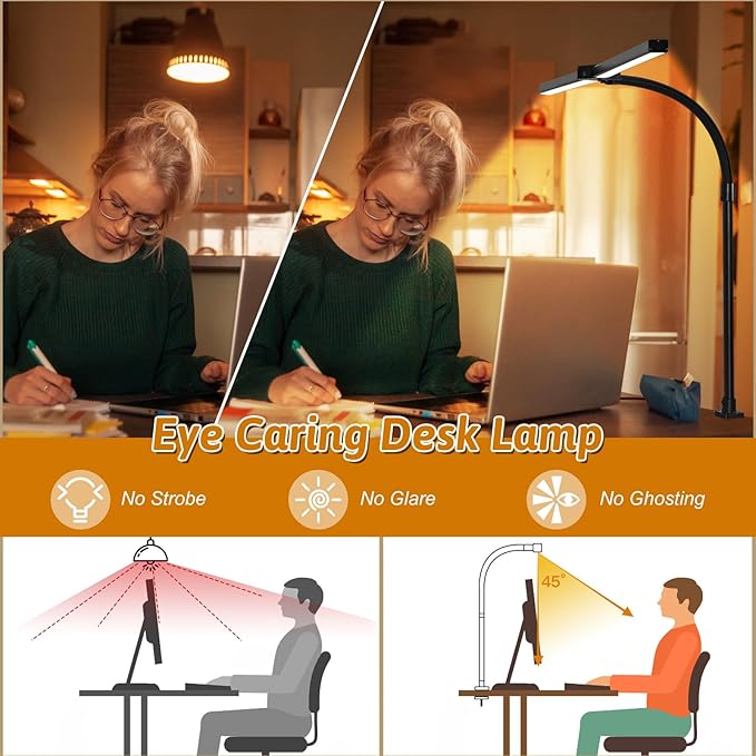 LED Desk Lamp for Office Dorm Home - Eye Caring Desk Light with Timer, Remote Control 24W 5 Color Brightest Dual Screen Computer Monitor Gooseneck Dimmable Table lamp with Anti-Glare Cover Base